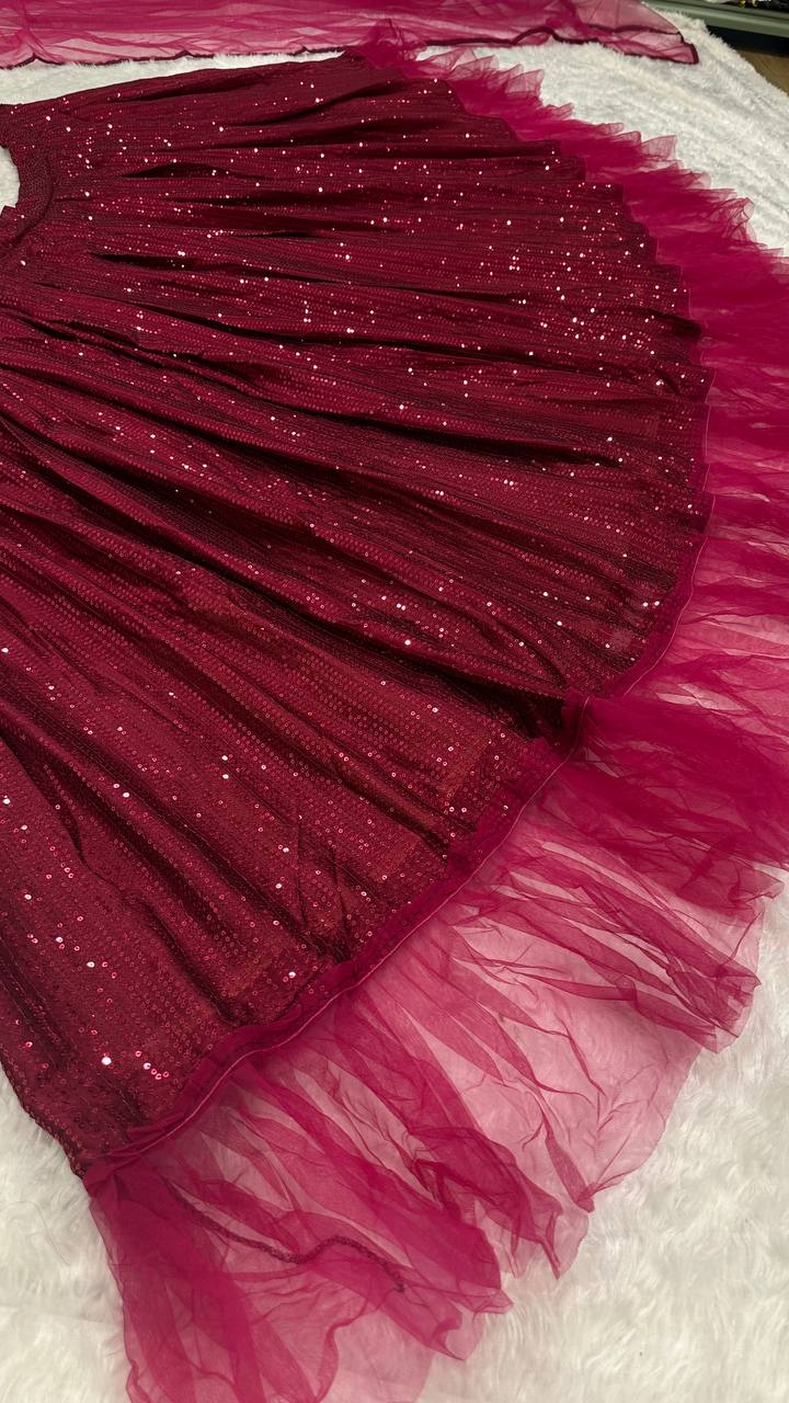 Maroon Glamorous Georgette Lehenga Set with Sequins & Ruffle Border Detailing ClothsVilla