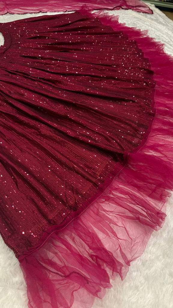 Maroon Glamorous Georgette Lehenga Set with Sequins & Ruffle Border Detailing ClothsVilla