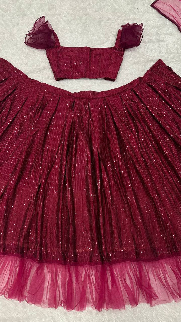 Maroon Glamorous Georgette Lehenga Set with Sequins & Ruffle Border Detailing ClothsVilla