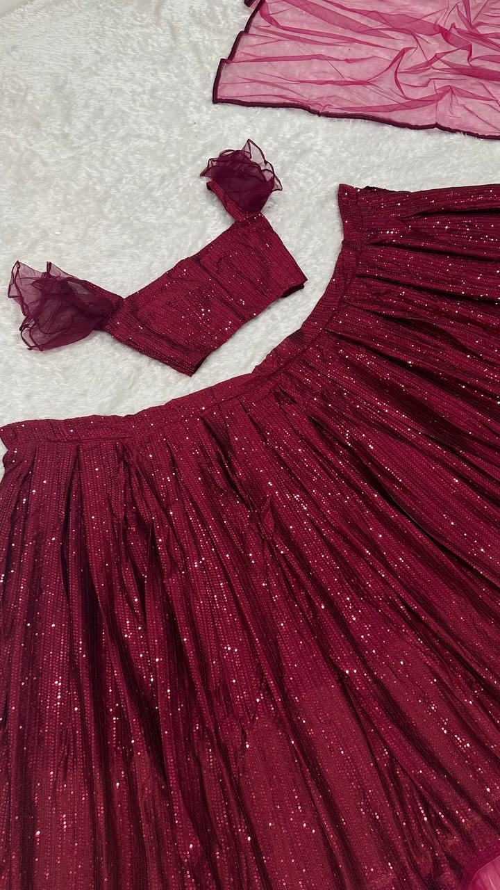 Maroon Glamorous Georgette Lehenga Set with Sequins & Ruffle Border Detailing ClothsVilla