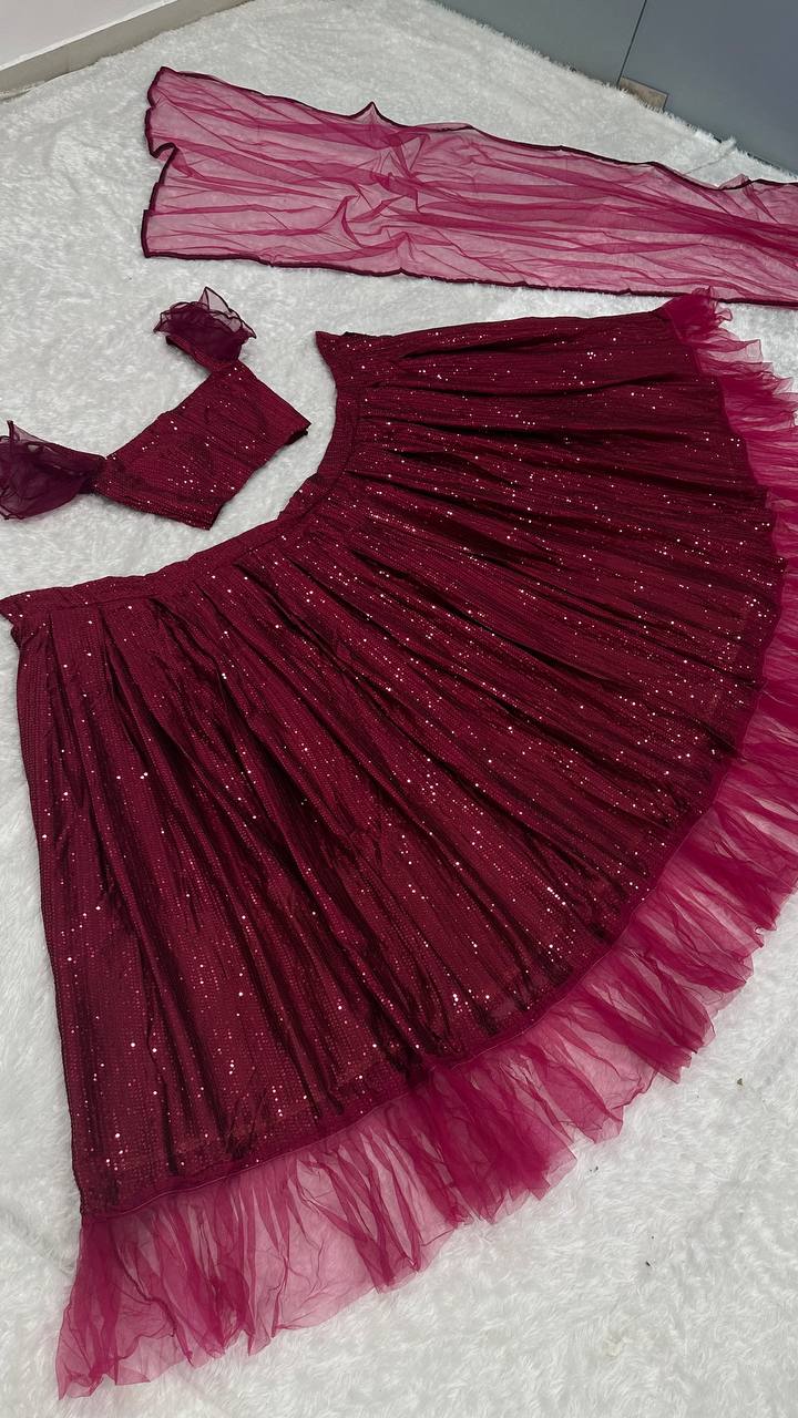 Maroon Glamorous Georgette Lehenga Set with Sequins & Ruffle Border Detailing Secondary image