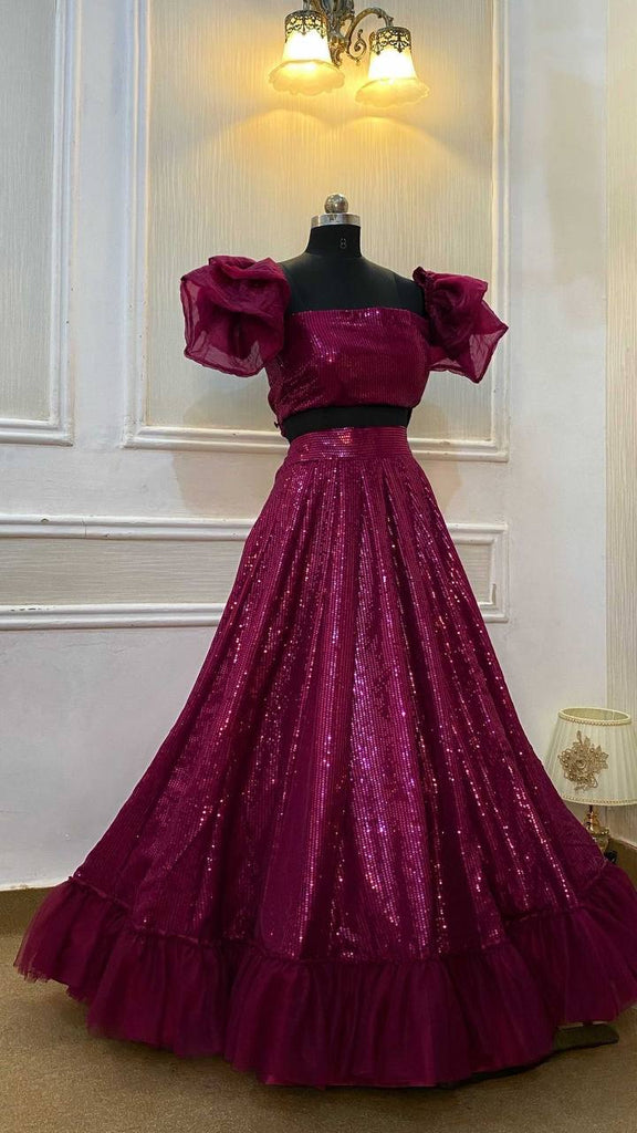 Maroon Glamorous Georgette Lehenga Set with Sequins & Ruffle Border Detailing ClothsVilla