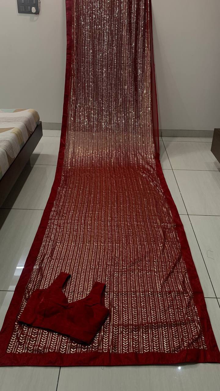 Maroon Glamorous Georgette Sequin Saree Secondary image