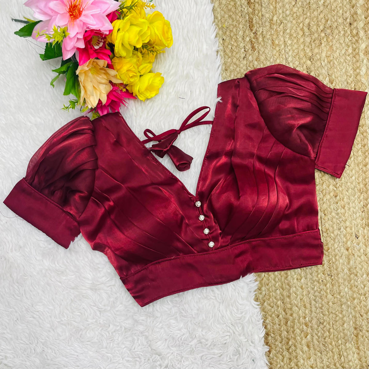 Maroon Glamorous Ruffled Metallic Jimmy Choo Blouse ClothsVilla Main image