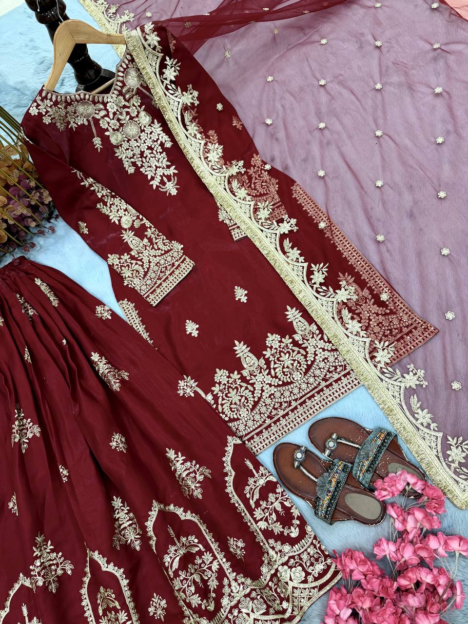 Maroon Glass Satin Embroidered Palazzo ClothsVilla