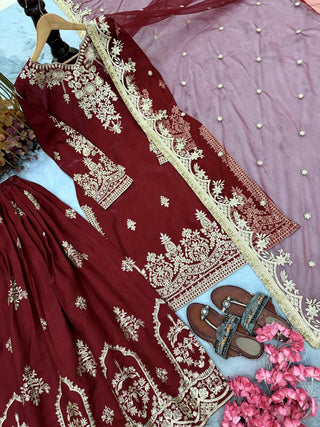 Maroon Glass Satin Embroidered Palazzo ClothsVilla