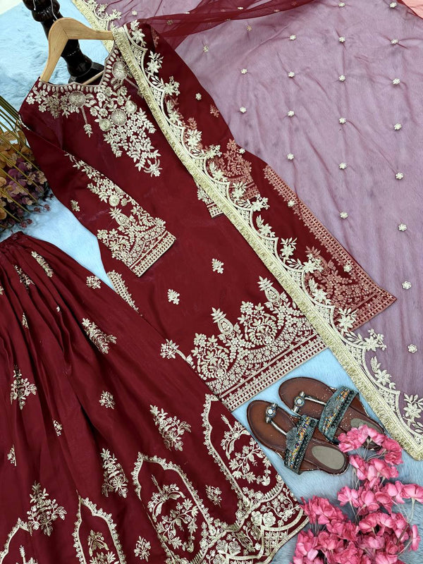 Maroon Glass Satin Embroidered Palazzo ClothsVilla