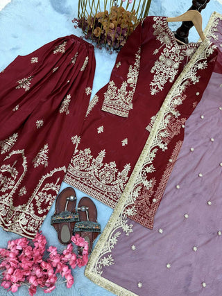 Maroon Glass Satin Embroidered Palazzo ClothsVilla
