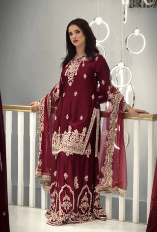 Maroon Glass Satin Embroidered Palazzo ClothsVilla