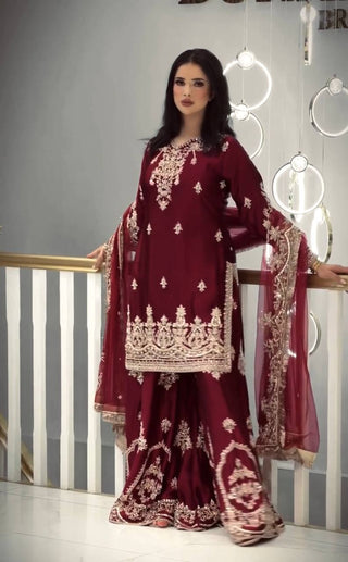 Maroon Glass Satin Embroidered Palazzo ClothsVilla