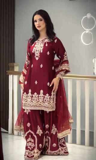 Maroon Glass Satin Embroidered Palazzo ClothsVilla
