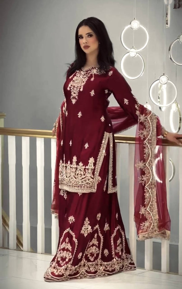 Maroon Glass Satin Embroidered Palazzo ClothsVilla