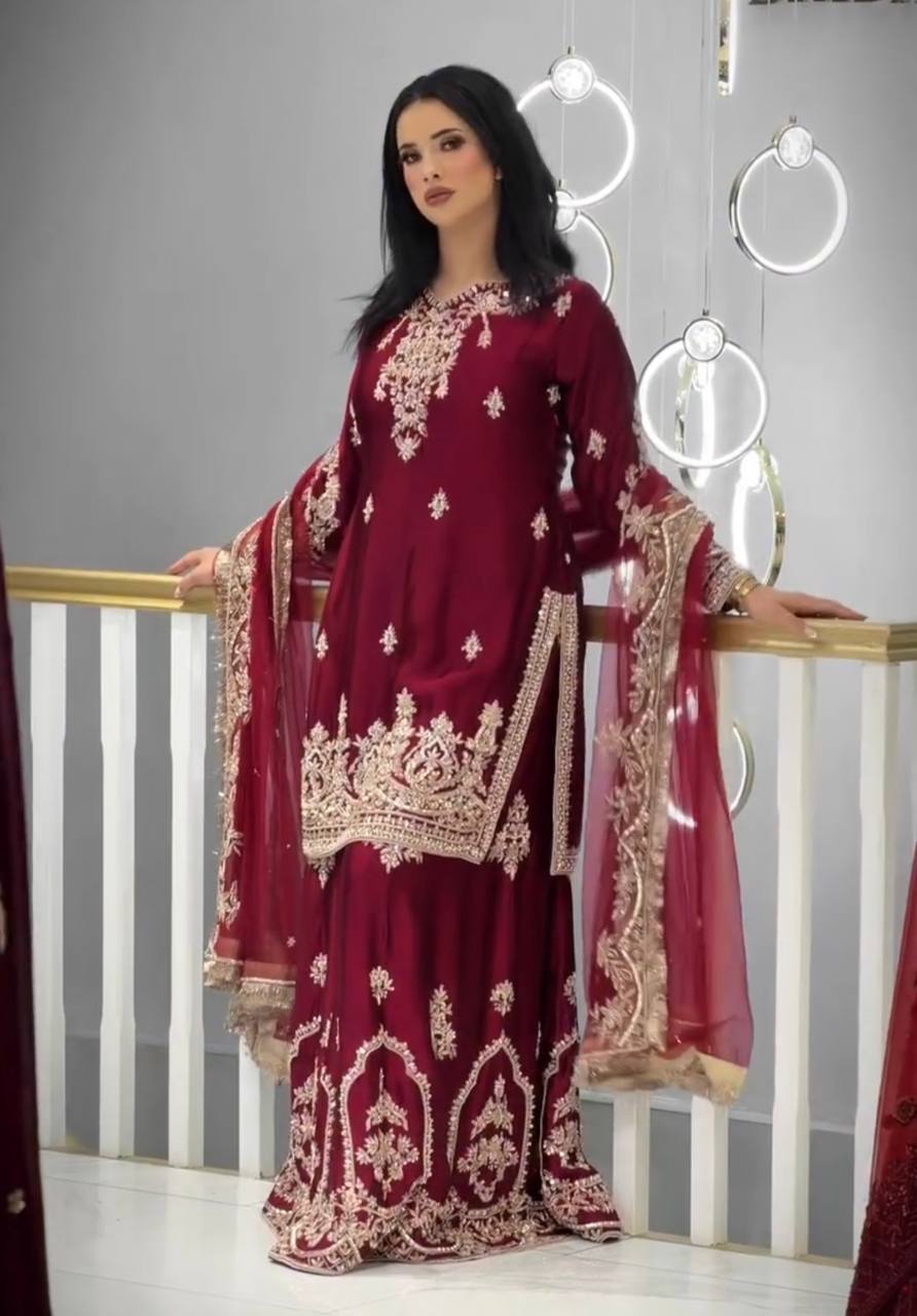 Maroon Glass Satin Embroidered Palazzo ClothsVilla