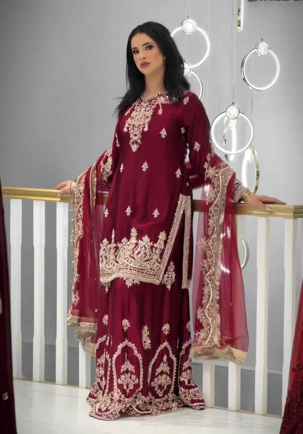 Maroon Glass Satin Embroidered Palazzo ClothsVilla