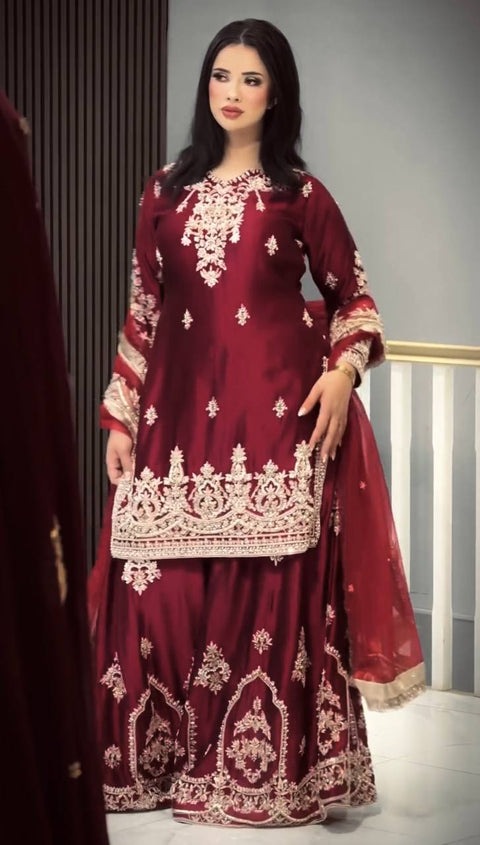 Maroon Glass Satin Embroidered Palazzo ClothsVilla Main image