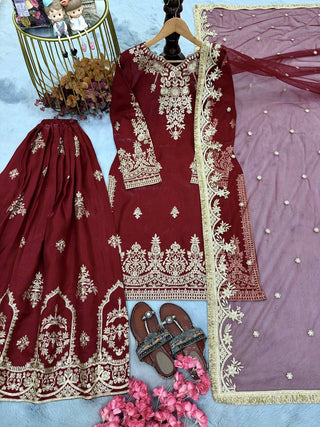 Maroon Glass Satin Embroidered Palazzo ClothsVilla