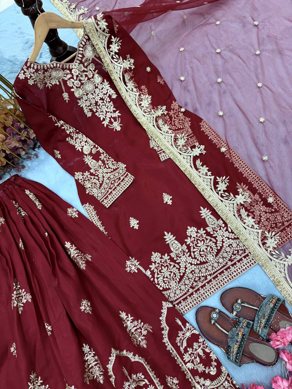 Maroon Glass Satin Embroidered Palazzo ClothsVilla