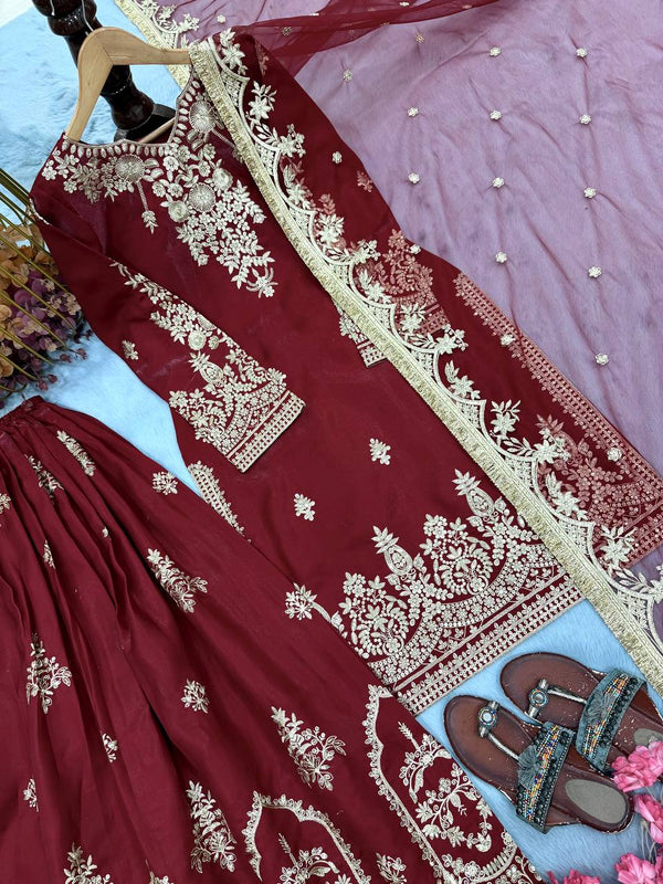 Maroon Glass Satin Embroidered Palazzo ClothsVilla