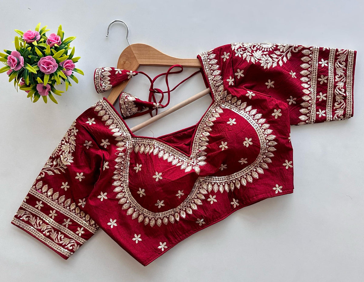 Maroon Golden Embroidered Blubbery Silk Blouse with Sequins ClothsVilla Main image
