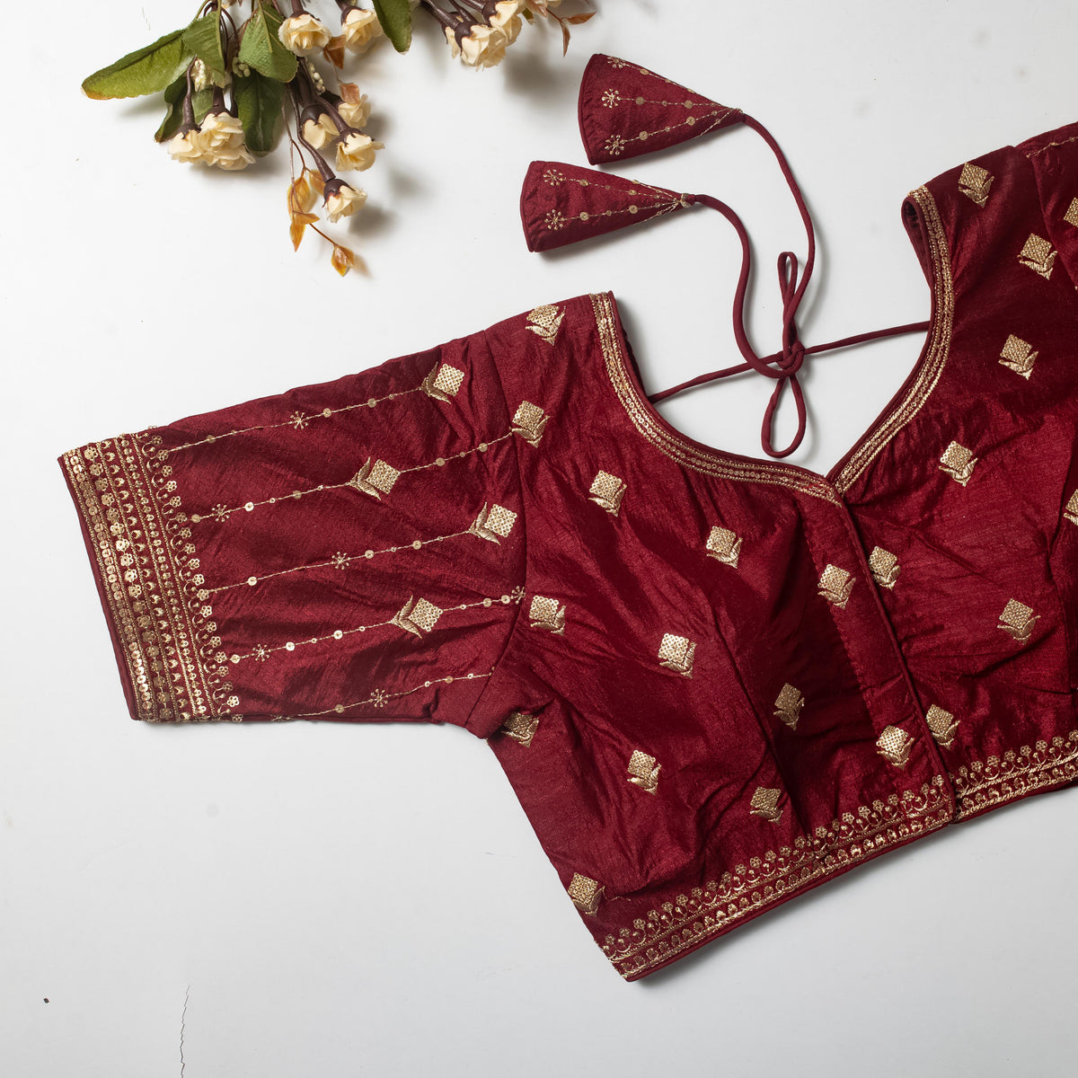 Maroon Golden Embroidered Vibrant Silk Blouse with Sequins ClothsVilla Main image