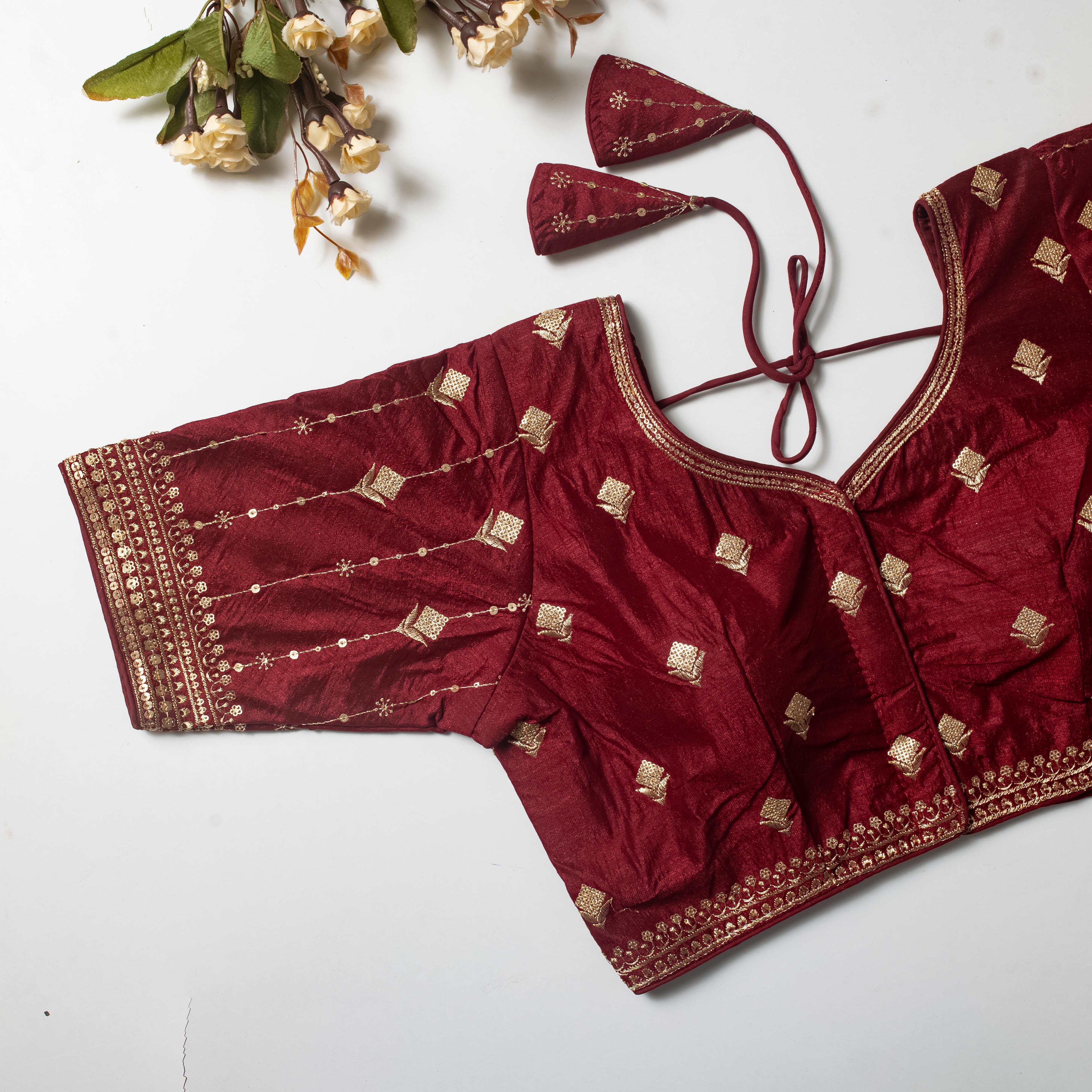 Maroon Golden Embroidered Vibrant Silk Blouse with Sequins ClothsVilla Main image