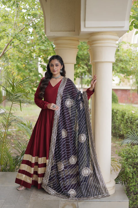 Maroon Gota Patti Gown With Dupatta ClothsVilla Main image