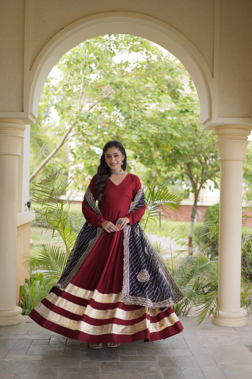 Maroon Gota Patti Gown With Dupatta ClothsVilla