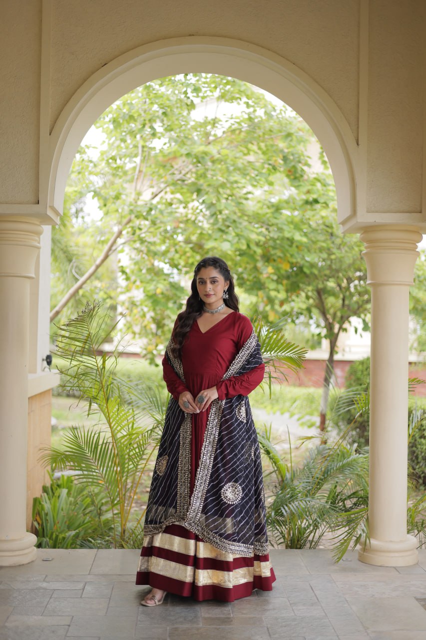 Maroon Gota Patti Gown With Dupatta ClothsVilla