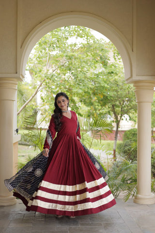 Maroon Gota Patti Gown With Dupatta ClothsVilla