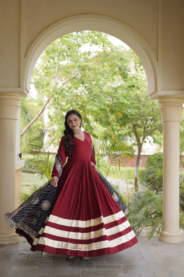 Maroon Gota Patti Gown With Dupatta ClothsVilla