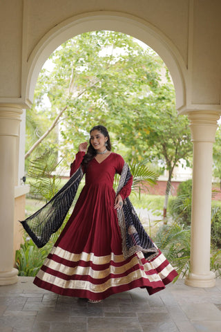 Maroon Gota Patti Gown With Dupatta ClothsVilla