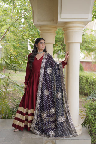 Maroon Gota Patti Gown With Dupatta ClothsVilla