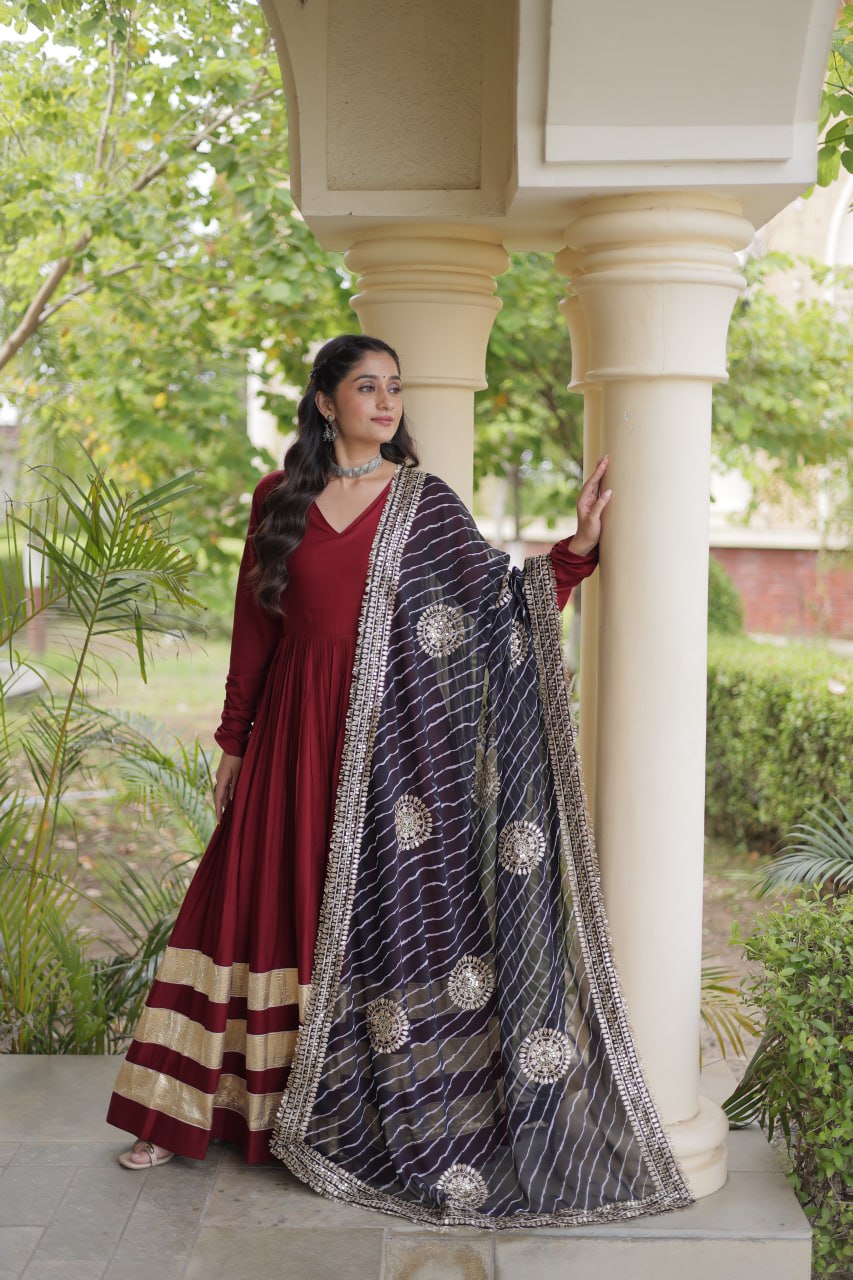 Maroon Gota Patti Gown With Dupatta ClothsVilla