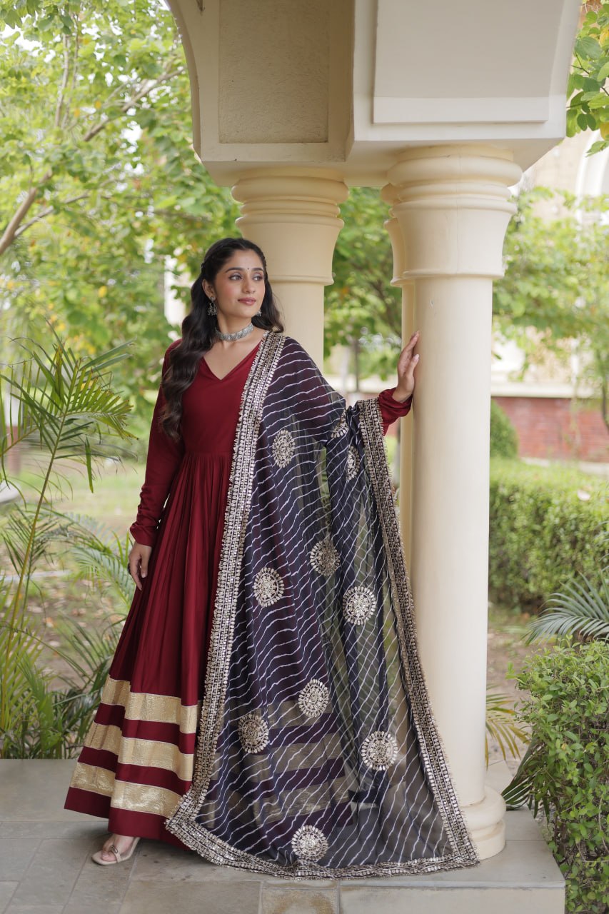Maroon Gota Patti Gown With Dupatta ClothsVilla