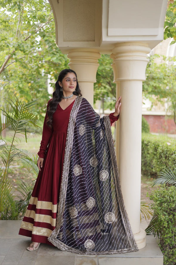 Maroon Gota Patti Gown With Dupatta ClothsVilla
