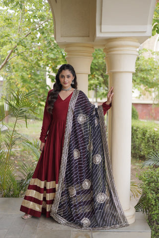 Maroon Gota Patti Gown With Dupatta ClothsVilla