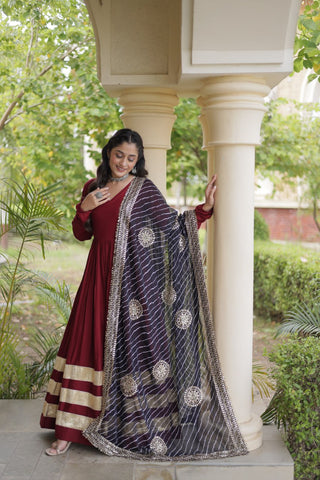 Maroon Gota Patti Gown With Dupatta ClothsVilla