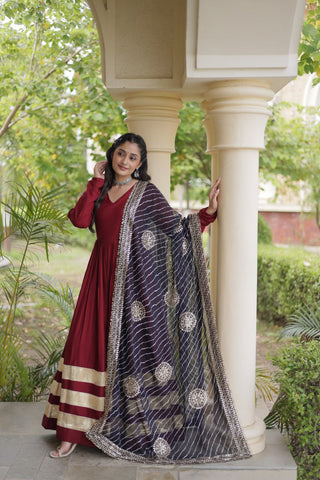 Maroon Gota Patti Gown With Dupatta ClothsVilla
