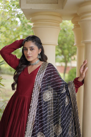 Maroon Gota Patti Gown With Dupatta ClothsVilla