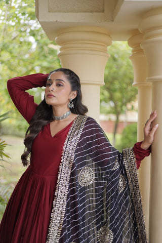 Maroon Gota Patti Gown With Dupatta ClothsVilla
