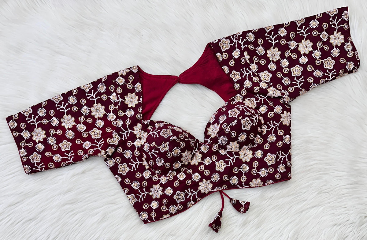 Maroon Hand-Embroidered Maharaja Georgette Blouse with Sequins ClothsVilla Main image