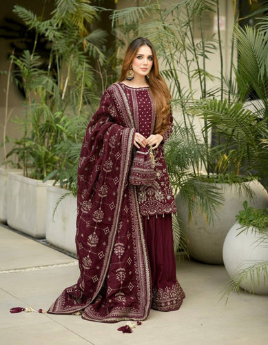 Maroon Heavy Faux Georgette Embroidered Kurta Palazzo Set with 5 mm Sequins, Rivet Moti Work & Designer Lace Dupatta ClothsVilla