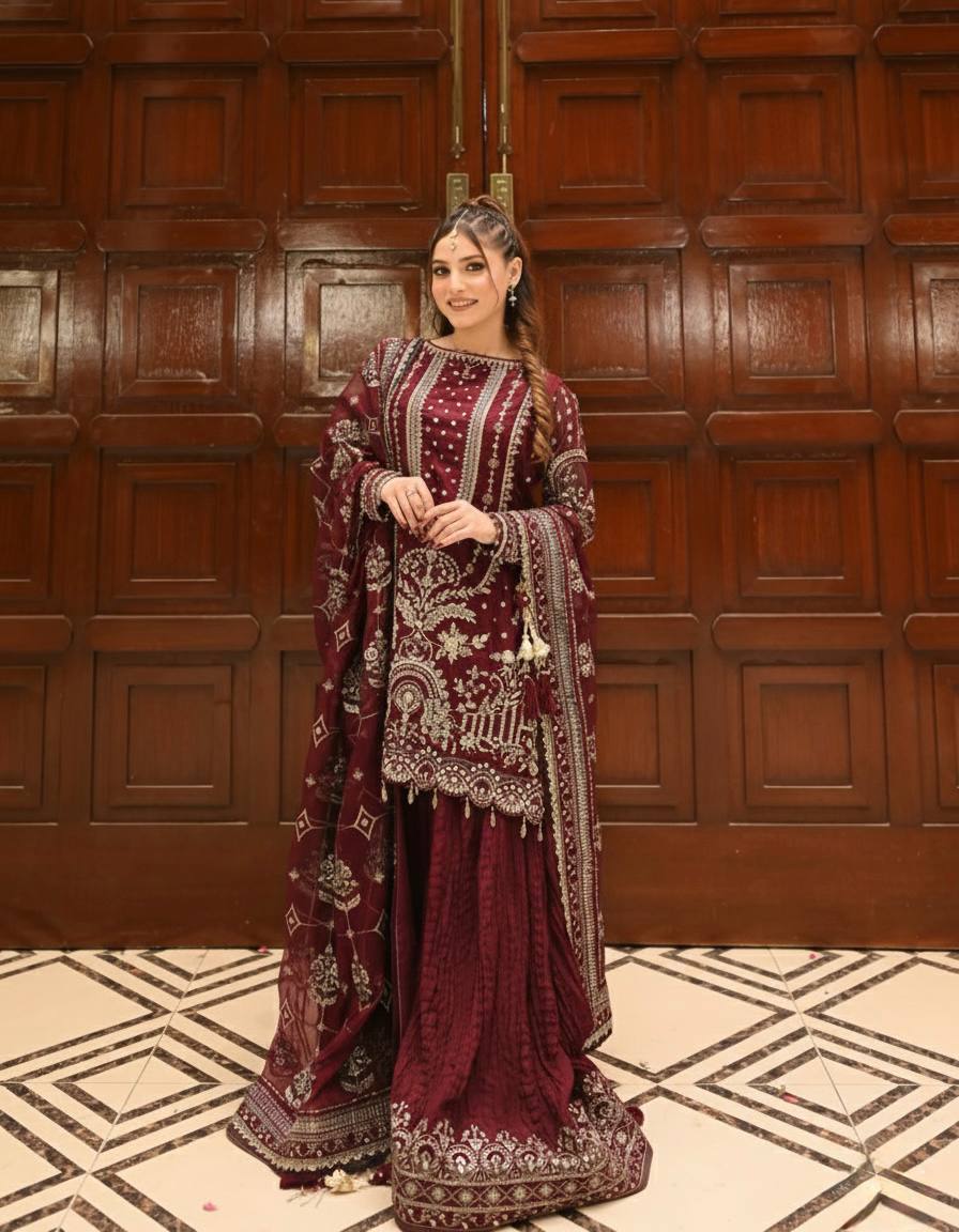 Maroon Heavy Faux Georgette Embroidered Kurta Palazzo Set with 5 mm Sequins, Rivet Moti Work & Designer Lace Dupatta ClothsVilla