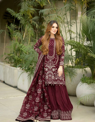 Maroon Heavy Faux Georgette Embroidered Kurta Palazzo Set with 5 mm Sequins, Rivet Moti Work & Designer Lace Dupatta ClothsVilla
