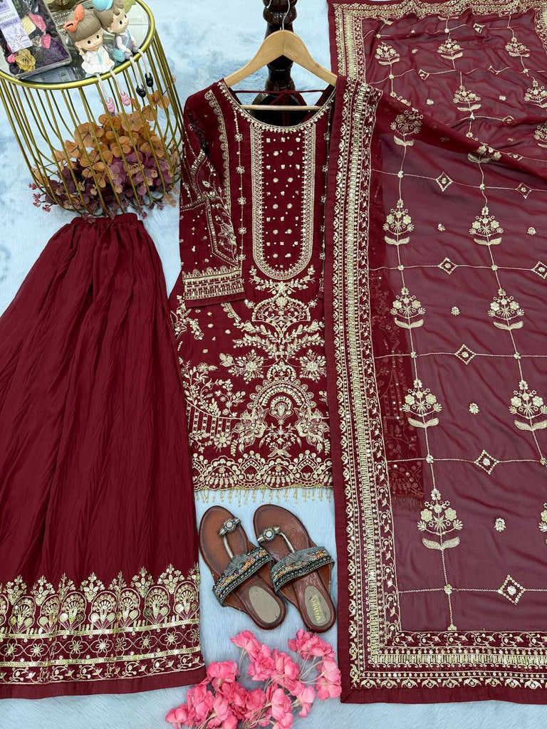 Maroon Heavy Faux Georgette Embroidered Kurta Palazzo Set with 5 mm Sequins, Rivet Moti Work & Designer Lace Dupatta ClothsVilla