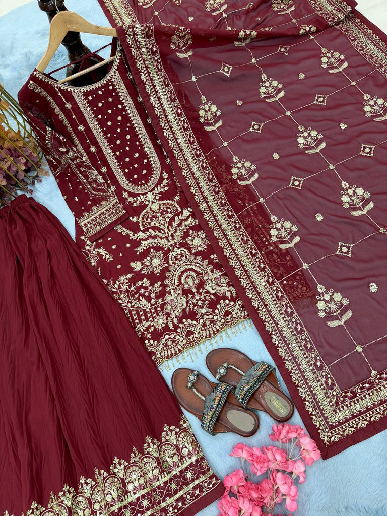 Maroon Heavy Faux Georgette Embroidered Kurta Palazzo Set with 5 mm Sequins, Rivet Moti Work & Designer Lace Dupatta ClothsVilla