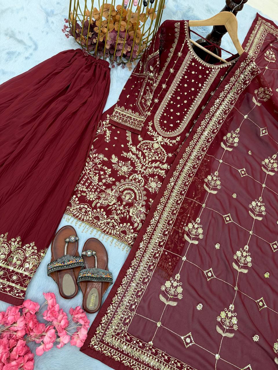 Maroon Heavy Faux Georgette Embroidered Kurta Palazzo Set with 5 mm Sequins, Rivet Moti Work & Designer Lace Dupatta ClothsVilla