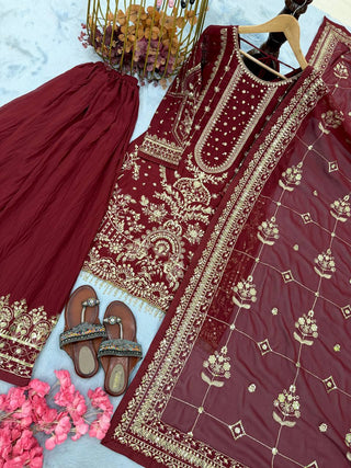 Maroon Heavy Faux Georgette Embroidered Kurta Palazzo Set with 5 mm Sequins, Rivet Moti Work & Designer Lace Dupatta ClothsVilla