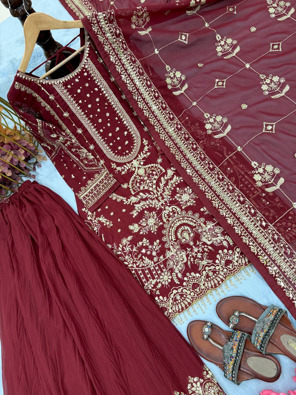 Maroon Heavy Faux Georgette Embroidered Kurta Palazzo Set with 5 mm Sequins, Rivet Moti Work & Designer Lace Dupatta ClothsVilla