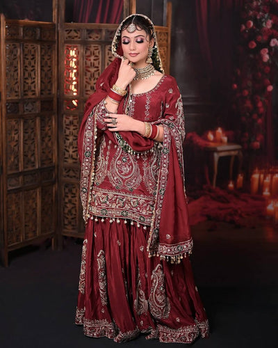 Maroon Heavy Faux Georgette Embroidered Suit Set with Sequin Work & Fancy Latkan Dupatta Clothsvilla